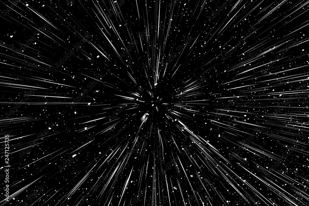 Fototapeta premium Bokeh white lines on black background, abstraction, abstract speed light motion blur texture, star particle or space traveling, black and white extrusion effect