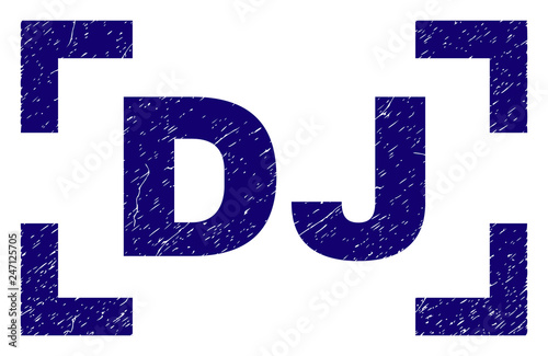 DJ text seal print with distress texture. Text label is placed between corners. Blue vector rubber print of DJ with retro texture.