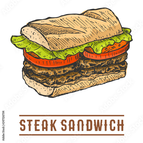 Hand Drawn Steak Sandwich, Vector Illustration