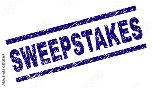 SWEEPSTAKES seal print with distress style. Blue vector rubber print of SWEEPSTAKES title with dirty texture. Text title is placed between parallel lines.