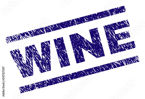 WINE seal print with grunge style. Blue vector rubber print of WINE tag with unclean texture. Text tag is placed between parallel lines.