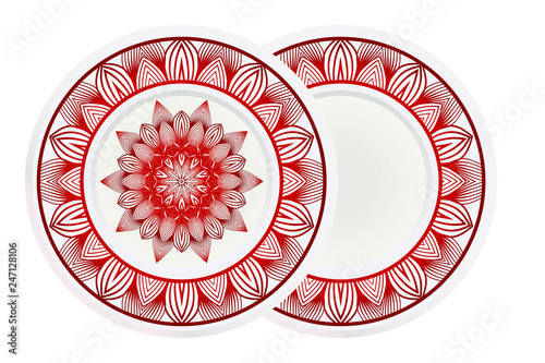 decorative plates for interior design. Empty dish, porcelain plate mock up design. Vector illustration. Decorative plates with Mandala ornament patterns. Home decor background.