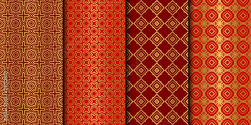 Set of Seamless Pattern With Abstract Geometric Style. Repeating Sample Figure And Line. Vector illustration. red gold color.