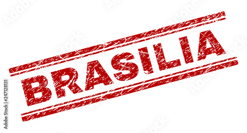 BRASILIA seal print with corroded texture. Red vector rubber print of BRASILIA text with unclean texture. Text title is placed between double parallel lines.