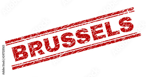 BRUSSELS seal print with grunge texture. Red vector rubber print of BRUSSELS text with unclean texture. Text title is placed between double parallel lines.