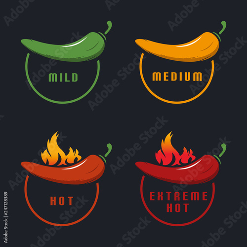 Chili Mild, Medium, Hot, Extreme Hot With Flame - Colorful Vector Illustration - Isolated On Black Background