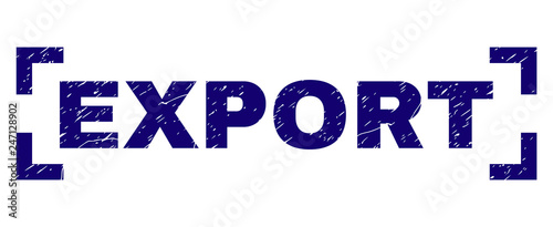EXPORT text seal imprint with corroded texture. Text caption is placed between corners. Blue vector rubber print of EXPORT with dust texture.