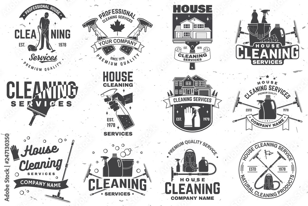 Cleaning company badge, emblem. Vector illustration. Concept for shirt, stamp or tee. Vintage typography design with cleaning equipments. Cleaning service sign for company related business Cleaning company badge, emblem. Vector illustration. Concept for shirt, stamp or tee. Vintage typography design with cleaning equipments. Cleaning service sign for company related business