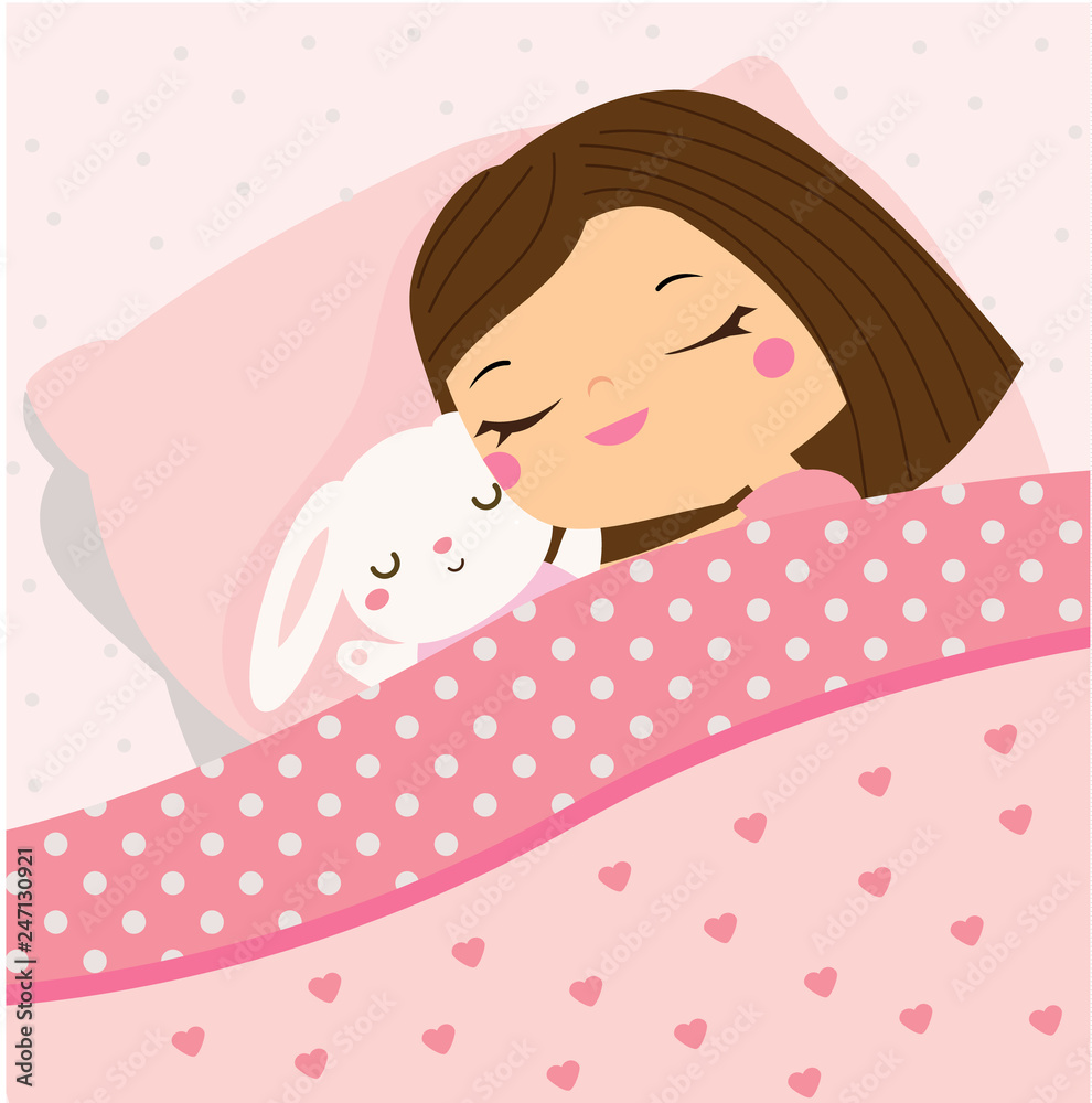 Cute girl sleeping with bunny toy. Cartoon kid in bed having sweet dreams.  Baby bedtime Stock Vector | Adobe Stock