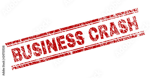 BUSINESS CRASH seal stamp with distress style. Red vector rubber print of BUSINESS CRASH text with unclean texture. Text caption is placed between double parallel lines.