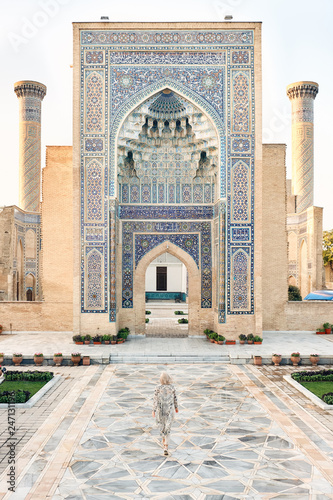 Woman Travaler in East Asia Mosque Vault Entrance Gur-Emir Mausoleum, Samarkand