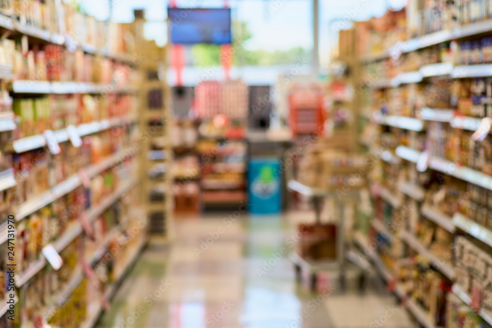 Blurry background texture of aisle between shelves filled with goods in supermarket environment.