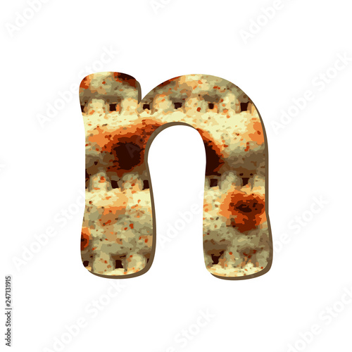 Rounded English lowercase letter N with matza texture. Font for Passover. Vector illustration on isolated background.