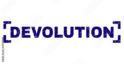 DEVOLUTION text seal watermark with corroded texture. Text tag is placed between corners. Blue vector rubber print of DEVOLUTION with dirty texture.