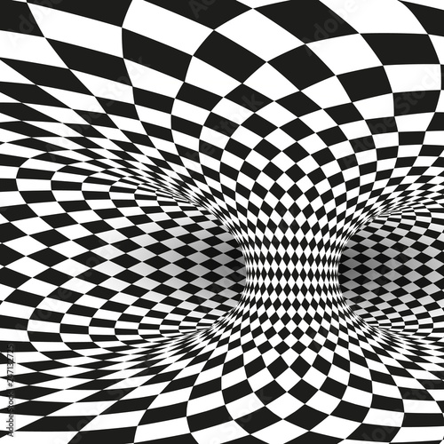 Geometric Square Black and White Optical Illusion. Abstract Wormhole Tunnel Distort. Vector Illustration