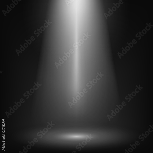 Scene illuminated spotlight. Cinema spotlight glow effect background. Show spotlight background. Light beam on black stage.  Vector illustration