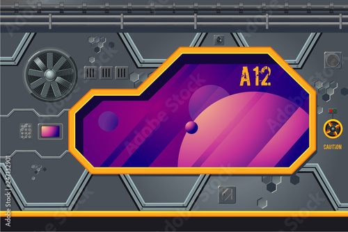 Spaceship interior with window. Rocket room game concept. Futuristic vector background.
