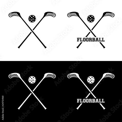 Set of floorball icons of ball and sticks