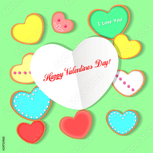 Happy valentines Day lovely greeting card. Vector illustration with a paper heart and delicate multi colored heart-shaped cookies and biscuits.