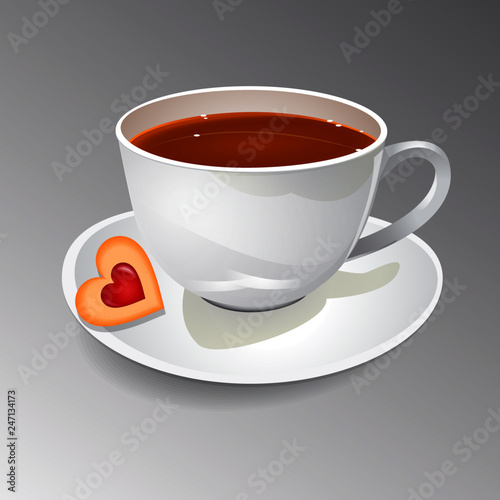 Vector illustration of a cup of tea with biscuit in the shape of a heart with jam. 