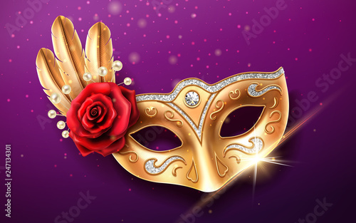 Glittering colombina mask for face cover at carnival or masquerade. Festival costume part with feather and beads, rose flower. Golden masque with diamonds for brazil festive or venice mardi gras.