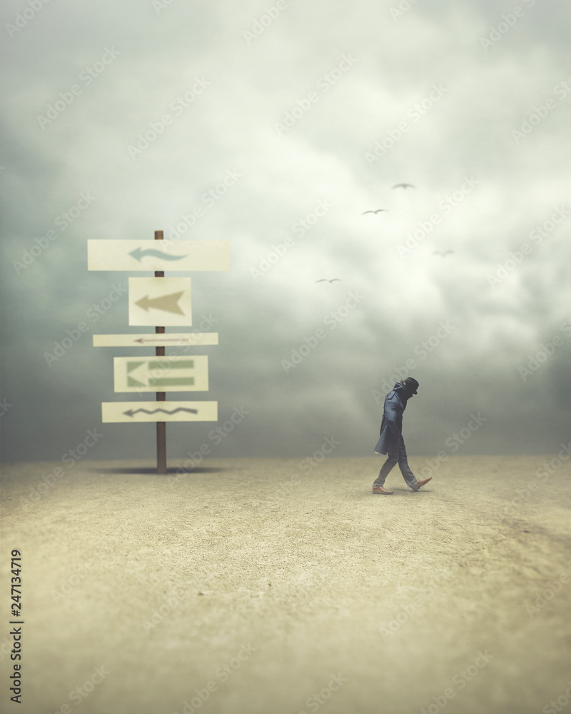 Fotografie man walking opposite and contrary direction; surreal concept