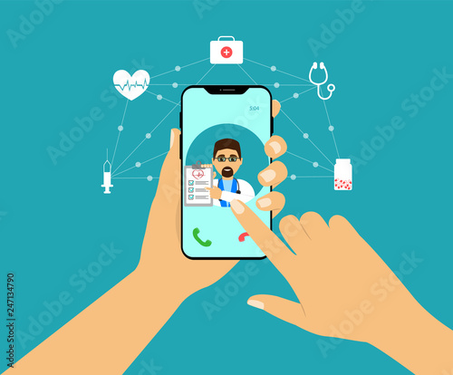 Concept smartphone in hand, online consultation with doctor. Health care. Flat design.