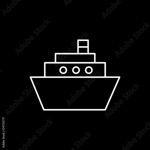 Flat line monochrome ship symbol for web sites and apps. Minimal simple black and white ship symbol. Isolated vector white ship symbol on black background.