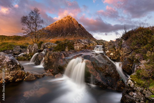 Beautiful Waterfall At Buachaille Etive Mor In The Scottish Highlands At Sunrise.