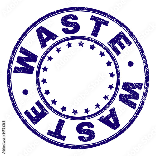 WASTE stamp seal imprint with grunge texture. Designed with circles and stars. Blue vector rubber print of WASTE title with grunge texture.