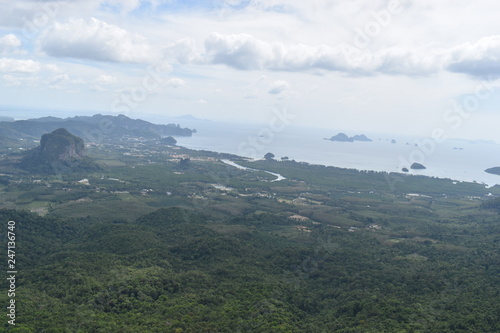 Panorama view from a big rock over Krabi at the jungle hiking trail to dragon crest in Khao Ngon Nak in Krabi, Thailand, Asia