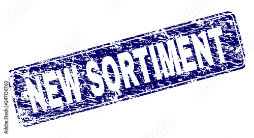NEW SORTIMENT stamp seal imprint with grunge texture. Seal shape is a rounded rectangle with frame. Blue vector rubber print of NEW SORTIMENT label with grunge texture.