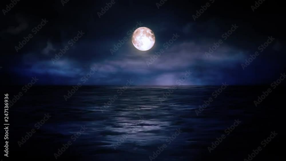 The bright moon shines over the sea horizon against the night sky and gloomy running clouds The bright moon shines over the sea horizon against the night sky and gloomy running clouds