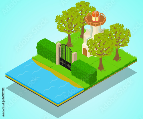 Lighthouse concept banner. Isometric banner of lighthouse vector concept for web, giftcard and postcard