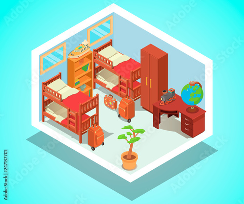 Hostel concept banner. Isometric banner of  hostel vector concept for web, giftcard and postcard
