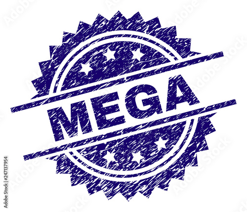 MEGA stamp seal watermark with distress style. Blue vector rubber print of MEGA title with scratched texture.