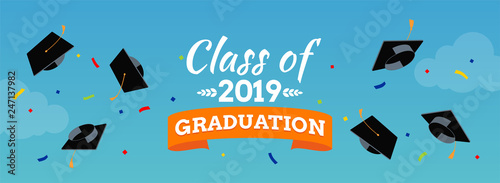 Black graduate caps and confetti on the sky background. Vector background for banners, invitation card and greeting. Graduation Party concept.