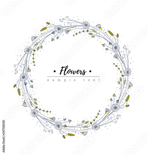 Wildflower wreath. Floral design template. Doodle flower