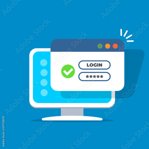 Login form page with green tick icon, username and password. Window browser with user authorization. Registration form. Vector illustration in flat style.