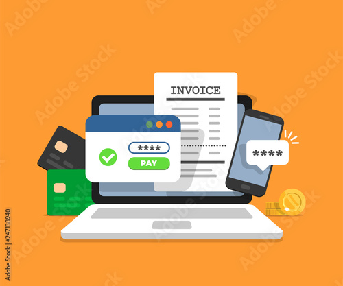 Online payment concept. Laptop with electronic invoice. Financial transaction confirmation via SMS. Coints and card on background. Vector illustration in flat style.