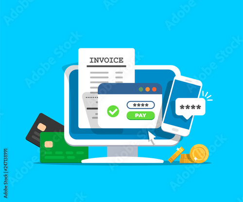 Online payment concept. Desktop with electronic invoice. Financial transaction confirmation via SMS. Coints and card on background. Vector illustration in flat style.