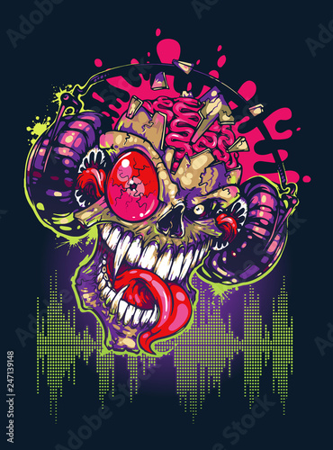 The skull explodes from the music from the headphones