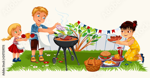 Lovely friendly family having nice picnic in garden