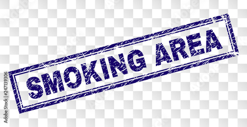 SMOKING AREA stamp seal print with grunge style and double framed rectangle shape. Stamp is placed on a transparent background. Blue vector rubber print of SMOKING AREA text with grunge texture.