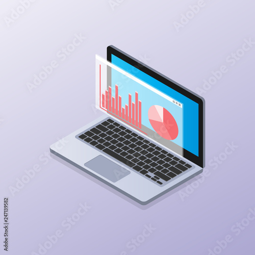 Laptop isometric with elements data and statistics