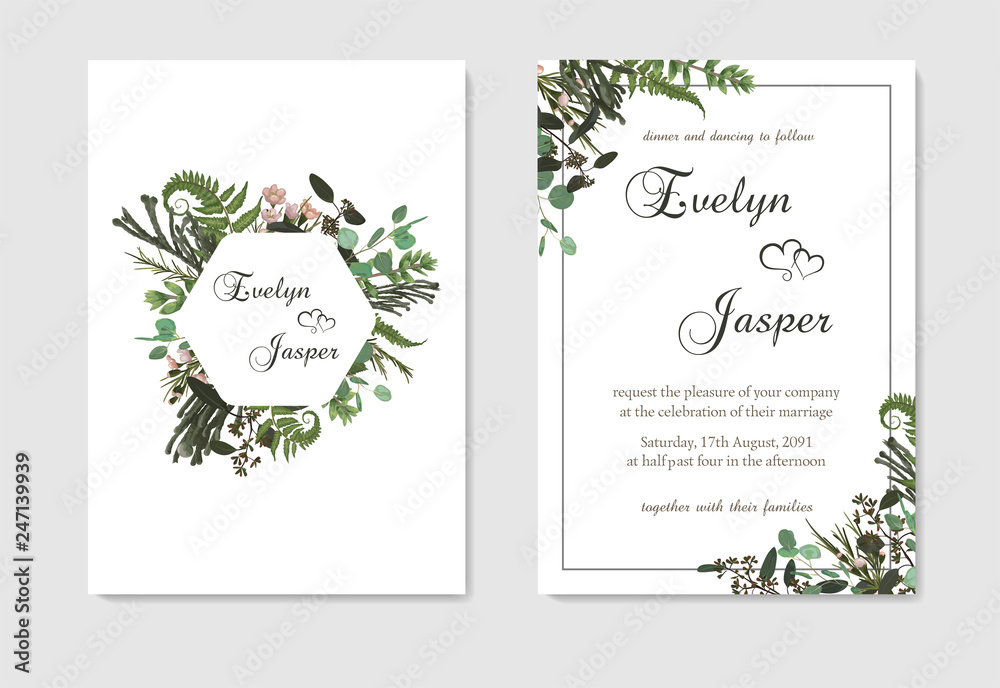 Set for wedding invitation, greeting card, save date, banner. Fern leaf, boxwood, brunia and eucalyptus. Square, geometric figure, vertical rectangle on white background. Vector template