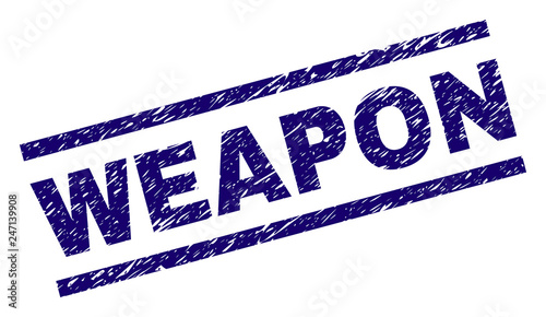 WEAPON seal print with scratced style. Blue vector rubber print of WEAPON tag with unclean texture. Text tag is placed between parallel lines.