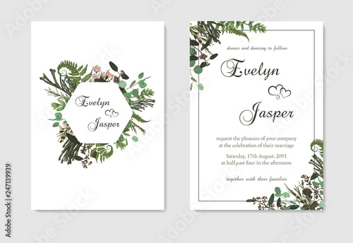Set for wedding invitation, greeting card, save date, banner. Fern leaf, boxwood, brunia and eucalyptus. Square, geometric figure, vertical rectangle on white background. Vector template