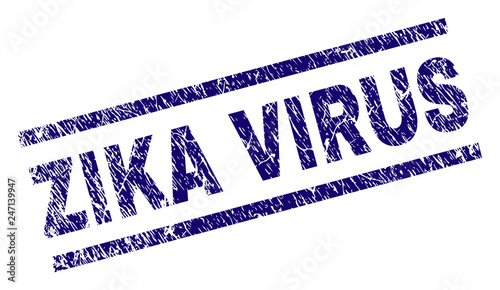 ZIKA VIRUS seal print with grunge style. Blue vector rubber print of ZIKA VIRUS text with corroded texture. Text tag is placed between parallel lines.