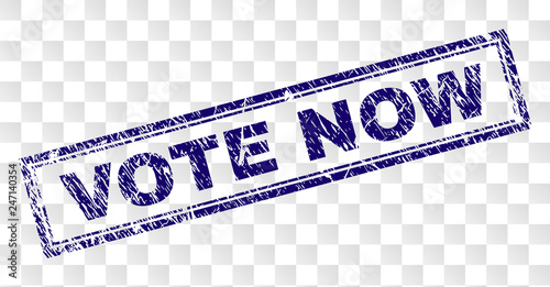 VOTE NOW stamp seal print with rubber print style and double framed rectangle shape. Stamp is placed on a transparent background. Blue vector rubber print of VOTE NOW caption with dust texture.